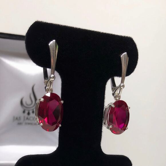 GORGEOUS 12ctw Oval Cut Ruby Earrings in Sterling Silver Lab Grown Ruby - Picture 5 of 6